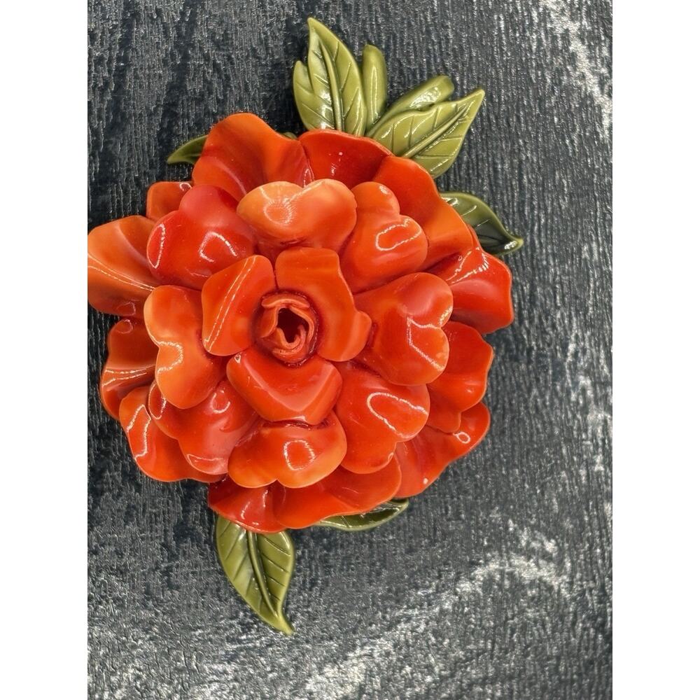 Flower Rose Orange Green Enamel Vintage Celluloid Brooch Pin